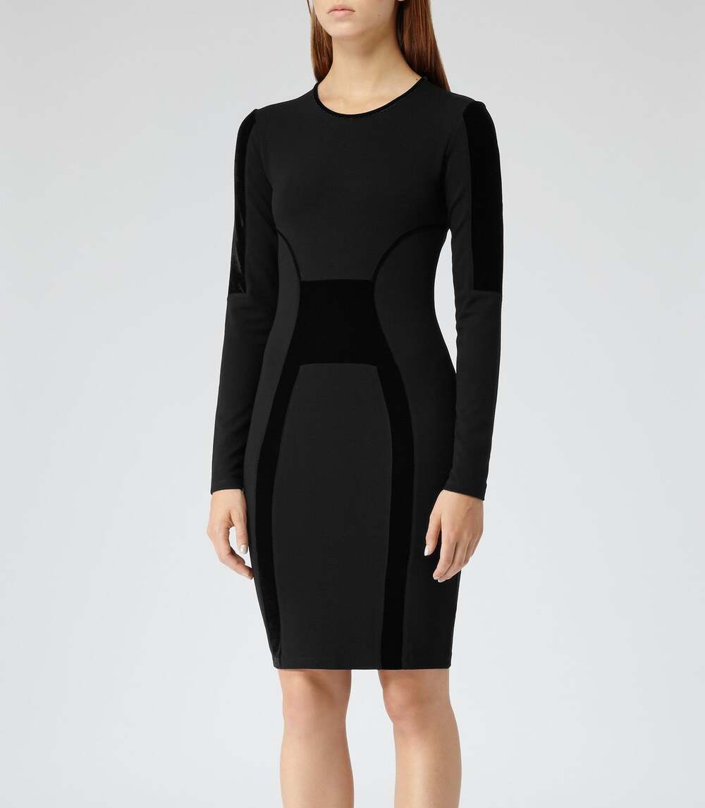 Reiss Women Velvet Accent Dress Bodycon LBD Sexy Cocktails Chic Flattering 10